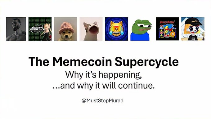 A presentation slide titled 'The Memecoin Supercycle: Why it's happening, ...and why it will continue' by @MustStopMurad, featuring a row of various meme images.