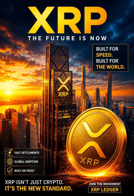 Promotional poster for XRP cryptocurrency featuring a golden coin, a skyscraper with 'XRP' branding, and slogans including 'THE FUTURE IS NOW', 'BUILT FOR SPEED. BUILT FOR THE WORLD.', 'FAST SETTLEMENTS', 'GLOBAL ADOPTION', 'BUILT ON TRUST', and 'XRP ISN'T JUST CRYPTO. IT'S THE NEW STANDARD.'