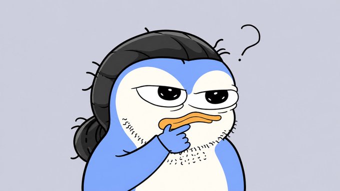 The image shows a cartoon penguin with long black hair (styled in a ponytail) and stubble, holding a thoughtful pose with a question mark above its head, appearing skeptical or uncertain. The penguin's suspicious expression relates well to the post's cautioning tone about the "FOMO app," visually representing doubt about whether followers should chase the trend or stick to their original decision to avoid FOMO-driven decisions.