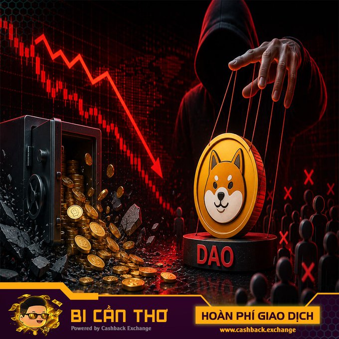 A dark graphic depicts a hooded figure manipulating a Shiba Inu coin (BONK) labeled "DAO" with strings like a puppet, while a broken safe spills gold coins next to a descending red chart arrow and silhouetted figures marked with X's. The image illustrates the BONK governance attack, where an actor purchased voting control for $4.4M to drain roughly $20M from BonkDAO, visually representing the manipulation of the DAO through a non-smart-contract exploit. Branding at the bottom reads "BÍ CÂN THƠ," "HOÀN PHÍ GIAO DỊCH," and "Cashback Exchange."
