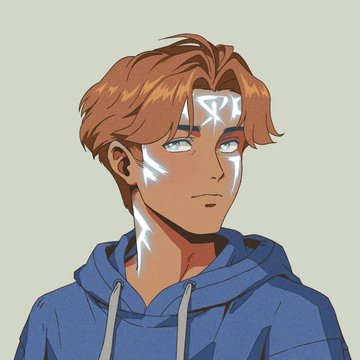 An anime-style illustration of a young man with brown hair and blue eyes wearing a blue hoodie, featuring glowing white runes or markings on his face.