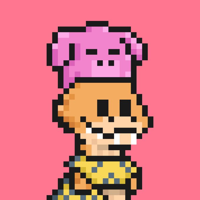 A pixel-art style illustration shows a character with a pink pig hat, orange hair, a wide toothy grin, and a yellow patterned shirt against a solid pink background.