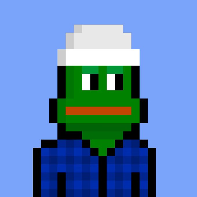 A pixel art illustration of a green-skinned character wearing a white hat and a blue checkered/plaid shirt, depicted against a solid blue background.