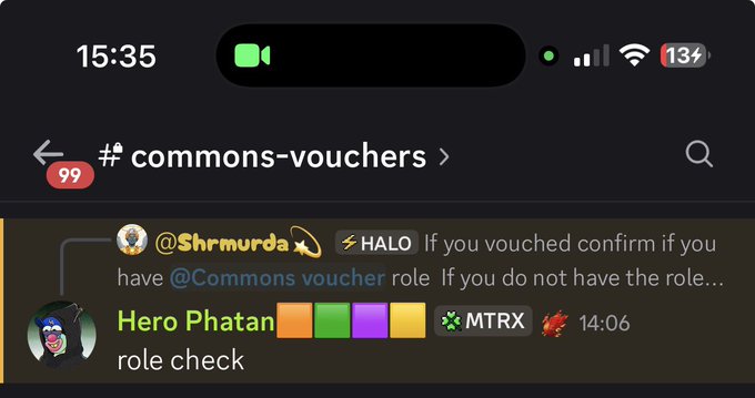 A screenshot of a Discord server channel titled "# commons-vouchers" showing a pinned post from user @Shrmurda asking members who vouched to confirm their @Commons voucher role, with a reply from Hero Phatan saying "role check." The image visually supports the post's message about ensuring vouched users have claimed their role on the Discord server before the upcoming airdrop.