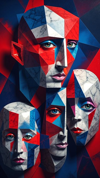 A cubist-style digital artwork featuring geometric, fragmented faces composed of red, blue, and white marble-textured planes.