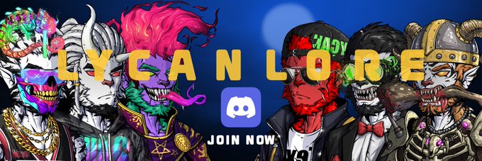 A Discord banner for 'LYCAN NLORE' featuring colorful werewolf characters and a 'JOIN NOW' Discord logo.