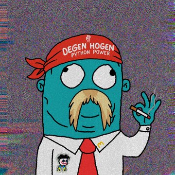 A cartoon NFT character with teal skin, a blonde mustache, and a red headband reading "DEGEN HOGEN PYTHON POWER" holds up a cigarette while wearing a white shirt and red tie. The image relates to the post showcasing the recently minted OK Poodles NFT alongside a new addition from the OK Degen collection.