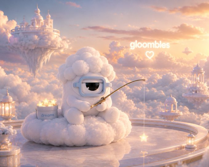 A fluffy cloud-like creature wearing goggles sits peacefully fishing for stars while perched on a dreamy cloud platform, accompanied by a small bucket labeled "dreams" and the word "gloombles" with a heart floating above, capturing the whimsical, aesthetic vibe described in the post.