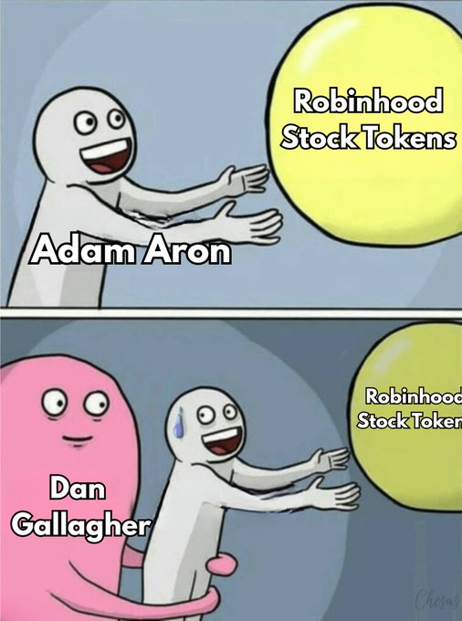 A two-panel meme shows Adam Aron happily grabbing 'Robinhood Stock Tokens,' while in the second panel, a nervous Dan Gallagher is grabbed from behind by a pink figure labeled with a similar token.