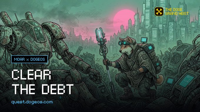 A pixel-art promotional banner for MOAR x DOGEOS titled “CLEAR THE DEBT,” featuring a large robot, an armed anthropomorphic dog, a futuristic city, and quest.dogeos.com.
