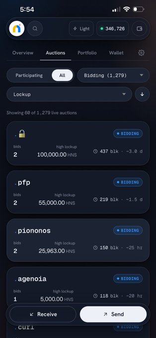 A mobile screenshot shows the 'Light' crypto wallet app with a balance of 346,728, displaying a list of live auctions with bidding amounts in HNS, including domains like '.pfp' and '.piononos'.