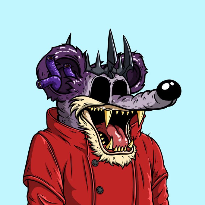 A cartoon illustration of a grotesque, purple rat-like creature wearing a red hoodie, featuring large horns, multiple eyes, and a wide mouth full of sharp teeth.
