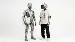 The image features two robot heads, one silver metallic and the other white with a black design. The silver robot head has a laptop open in its hand, while the white robot head holds a book. They are standing next to each other against a plain gray background. In the corner of the image, there is text that reads "@EmanAbio created a short video about Agentic AI on Sui. Check the end for a snippet of what @_smkotaro and @matteodotsui GM said about gasless transactions on Sui".