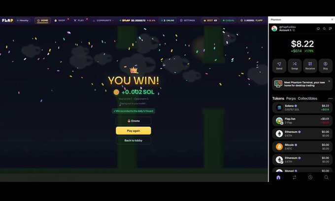 A screenshot from the FLAP gaming platform showing a 'YOU WIN!' message with a +0.032 SOL reward, alongside a wallet sidebar displaying an $8.22 balance and various token collections.