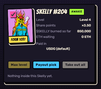 A digital interface showing a 'SKELLY #204' profile marked as AWAKE with details including Level 4, Share points x3.50, SSKELLY burned so far 850,000, 0 ETH waiting, and Paid in USDC, with buttons for Max level, Payout pick, and Take out all.