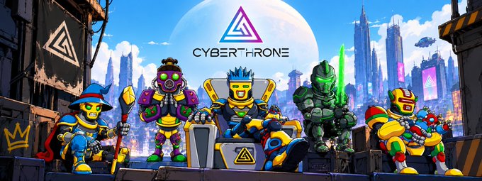 Promotional artwork for 'CYBER THRONE' displaying a lineup of colorful, cartoon-style robot and warrior characters in a futuristic city setting.