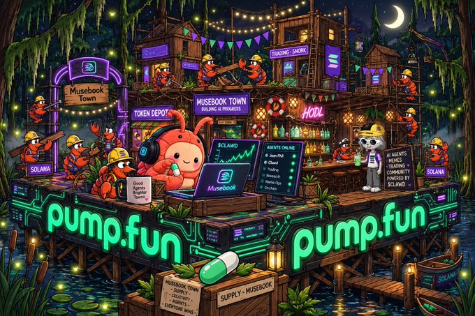 A vibrant illustrated scene depicting 'Musebook Town' on the 'pump.fun' platform, featuring characters in hard hats at 'TOKEN DEPOT' and 'HODL' shops with a '$LAWD' online agents list.