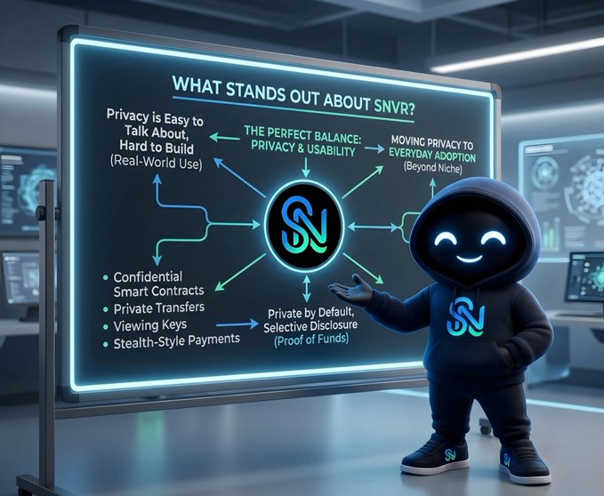 An infographic titled 'WHAT STANDS OUT ABOUT $NVR?' displayed on a screen next to a cartoon character in a hoodie, highlighting features like 'PRIVACY & USABILITY' and 'Confidential Smart Contracts'.