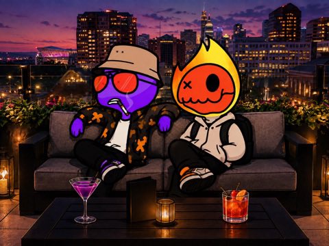 A stylized digital illustration of two cartoon characters — a purple figure wearing red sunglasses and an orange flame-headed character — sitting on a rooftop couch with cocktails, with a city skyline at dusk in the background.