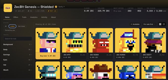 A Zora NFT marketplace listing for 'ZecBit Genesis — Shielded' showing pixel art characters with a floor price of 0.49 ZEC and volume of 225.79 ZEC.