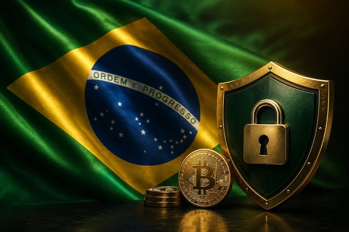 A Brazilian flag displayed alongside a gold Bitcoin coin, a stack of coins, and a shield with a padlock, symbolizing crypto security.