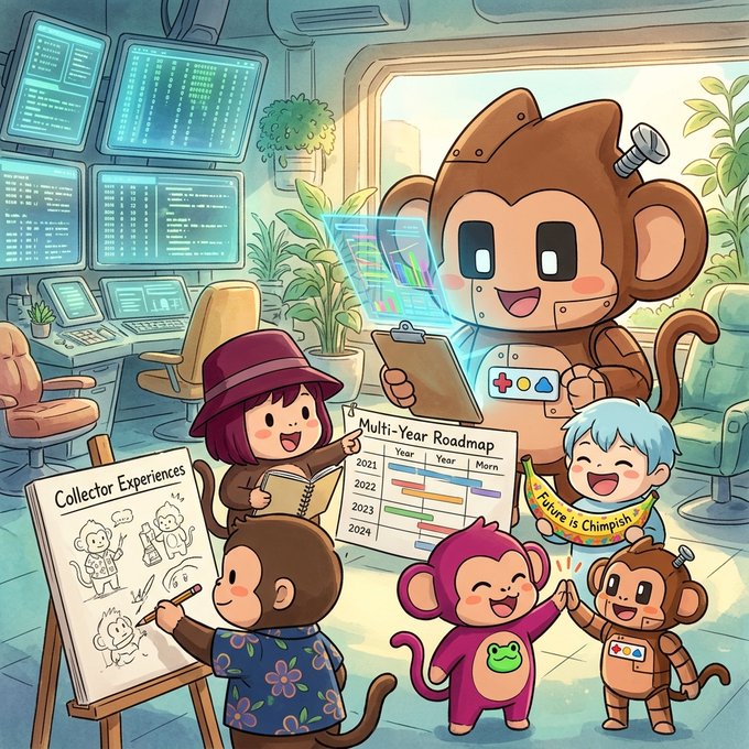 Whimsical illustration of cartoon monkeys and human characters in a tech lab setting, with a monkey showing a 'Multi-Year Roadmap' chart and a whiteboard labeled 'Collector Experiences.'