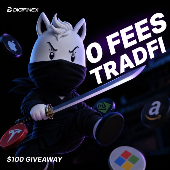 A DigiFinex promotional graphic featuring a cartoon unicorn ninja holding a sword, with text "0 FEES TRADFI" and "$100 GIVEAWAY", surrounded by logos of tech and stock companies.
