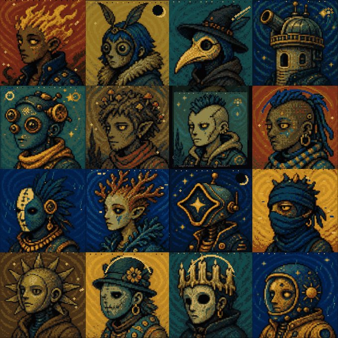 A 4x4 grid of pixel art portraits depicting various fantasy characters in a rich color palette of blue, gold, and red.