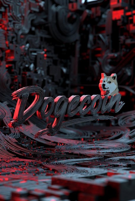 A dark, futuristic 3D rendering featuring the word "Dogecoin" in stylized text with a Shiba Inu dog character sitting on top, set against a backdrop of red and black mechanical or circuit-like structures.