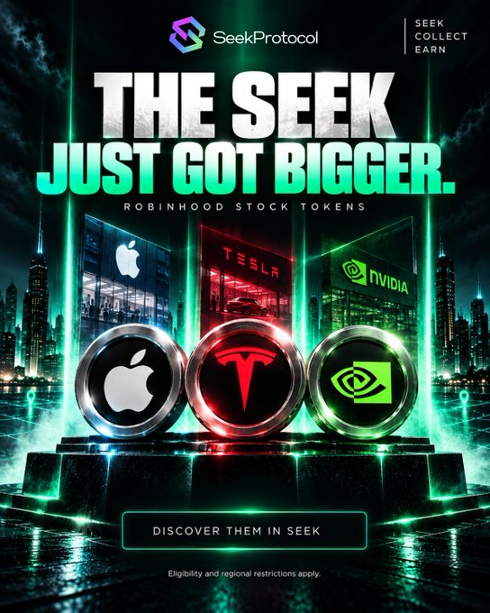 A promotional graphic for 'SeekProtocol' announces 'THE SEEK JUST GOT BIGGER' with 'ROBINHOOD STOCK TOKENS', showcasing coins branded with Apple, Tesla, and NVIDIA logos.