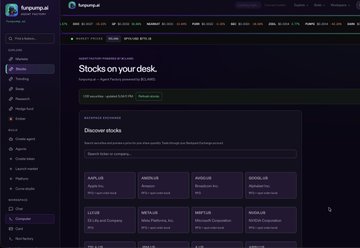 A screenshot of the Furuquay brokerage platform showing the 'Stocks on your desk' market overview with various discover stocks.