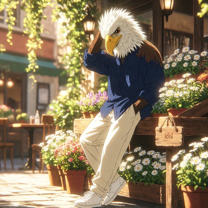 An anime-style illustration of a character with a bald eagle head wearing a blue shirt and beige pants, sitting on a wooden bench surrounded by flowers and greenery.