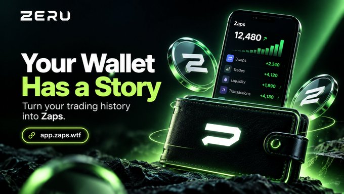 An advertisement for 'ZERU' reads 'Your Wallet Has a Story - Turn your trading history into Zaps,' showing a digital wallet displaying trading metrics alongside floating 'Z' coins on a green background.
