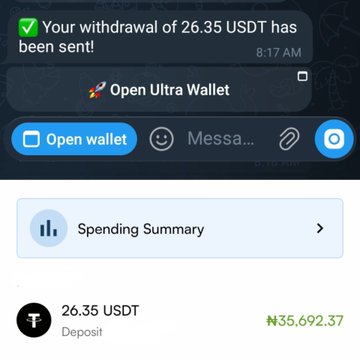 A mobile notification confirms a withdrawal of 26.35 USDT (₦35,692.37) has been sent, showing options to Open wallet or Message.
