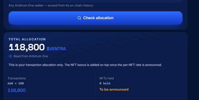 The image shows an Arbitrum wallet allocation interface displaying a total allocation of 118,800 $VENTRA tokens, calculated from 660 transactions at a rate of 198 each, with no NFTs held and the NFT bonus marked as "To be announced." This relates to the post by illustrating the type of on-chain eligibility check early users might use to determine their potential $VENTRA airdrop rewards based on Arbitrum wallet activity.