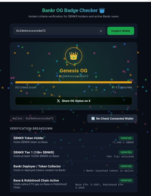 A screenshot of a "Bankr OG Badge Checker" tool verifying a "Genesis OG" status, showing criteria like $BNKR Token Holder (17,040.3 $BNKR), 10K+ Tier Unlocked, Bankr-Deployed tokens, and Base/Robinhood Chain activity.