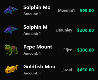 A donation or item list displays various NFT-style collectibles: 'Dolphin Mo' ($99.00), 'Dolphin Ma' ($200.00), 'Pepe Mount' ($300.00), and 'Goldfish Mou' ($450.00).