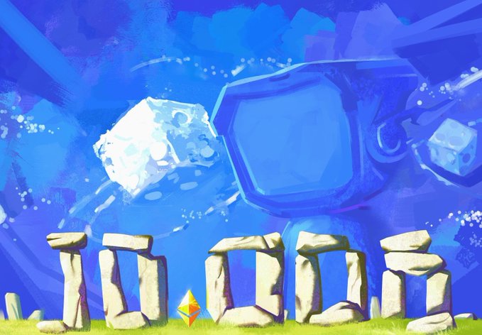 A digital painting shows the text "IN ETH" rendered in large stone-like letters on grass, with a small yellow Ethereum logo between the words and blue cubes floating in a blue sky above.