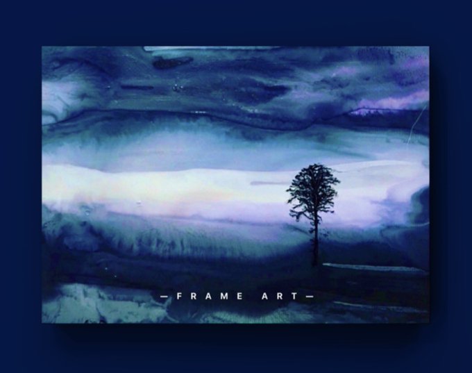 A framed piece of abstract art titled 'FRAME ART' displays a dark, moody landscape with a single silhouetted tree against purple and teal hues.