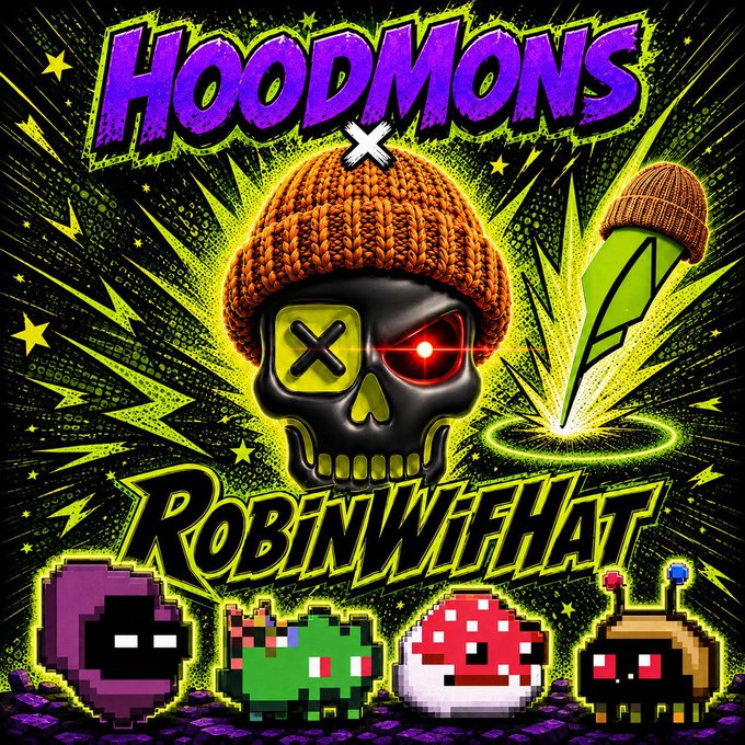 A graphic design features the text "HOODMONS X ROBINWIFHAT" in stylized purple and yellow letters, surrounding a skull wearing an orange beanie with an X over one eye and a finished pencil stuck in the other, with pixel-art creatures at the bottom.