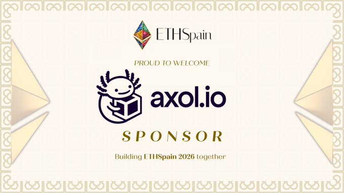 A welcome graphic announces ETHSpain's new sponsor, featuring the axol.io mascot alongside the ETHSpain logo, with the text "PROUD TO WELCOME axol.io SPONSOR — Building ETHSpain 2026 together." The image aligns with the announcement of axol.io's sponsorship and the upcoming talk by a Raxol dev at ETHSpain.