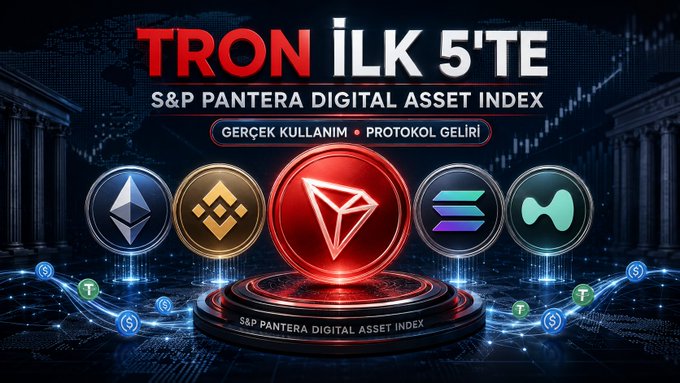 The image shows a promotional graphic featuring five cryptocurrency logos (Ethereum, Binance, Tron highlighted prominently in red, Solana, and another token) displayed on circular pedestals, with the Turkish headline "TRON İLK 5'TE" (TRON in the Top 5) and subtitle "S&P PANTERA DIGITAL ASSET INDEX," along with the tagline "GERÇEK KULLANIM • PROTOKOL GELİRİ" (Real Usage • Protocol Revenue). The graphic visually reinforces the accompanying post about TRON's inclusion in the S&P Pantera Digital Asset Index's top 5, emphasizing the network's strong fundamentals in real usage and protocol revenue as recognized by this institutional benchmark.
