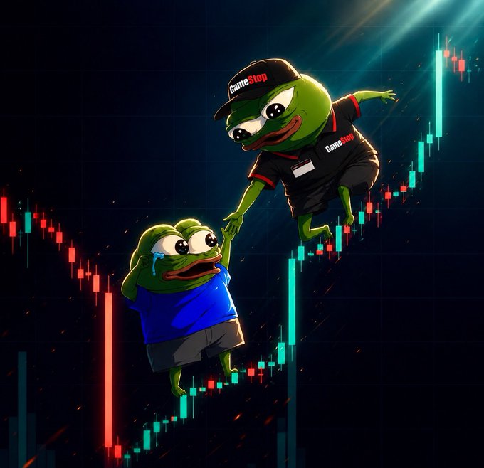 A digital illustration of two Pepe the Frog characters dressed in GameStop employee uniforms against a background of stock market candlestick charts.