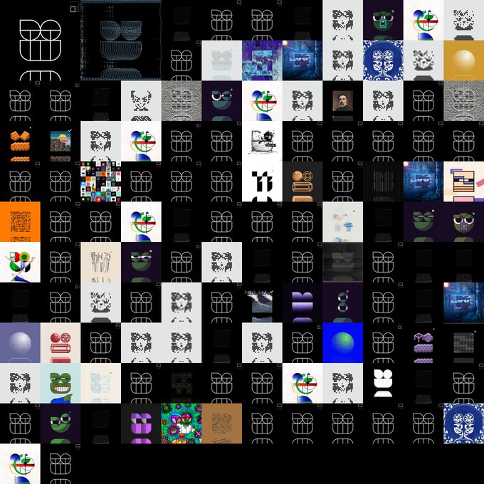 A grid of various digital art thumbnails and NFT-style images featuring abstract designs, pixel art, character portraits, and stylized graphics.
