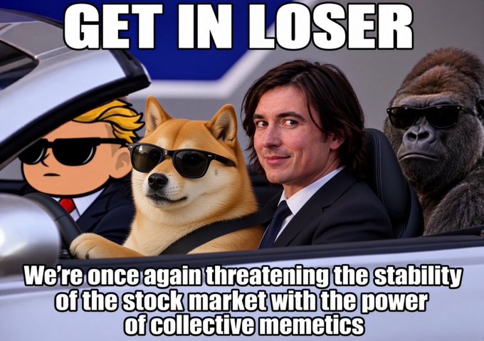 A meme image captioned "GET IN LOSER" showing cartoon Trump, Doge, actor Adam Driver, and Harambe the gorilla riding together in a car, with text reading "We're once again threatening the stability of the stock market with the power of collective memetics."