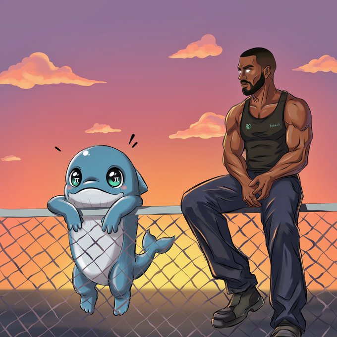 A digital cartoon illustration of a muscular, glowing-eyed bearded man in a black tank top sitting on a chain-link fence at sunset next to a sad, cute blue shark character clinging to the fence.