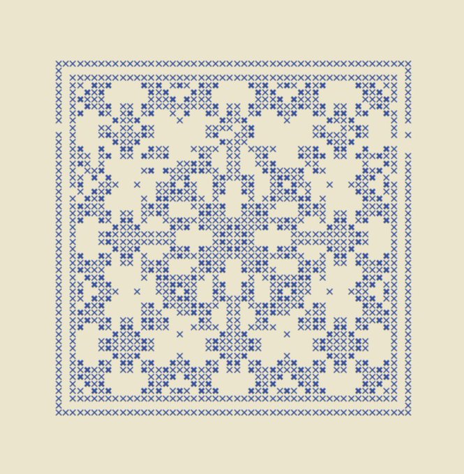 A blue cross-stitch pattern on a cream background featuring an intricate, symmetrical geometric and floral design.
