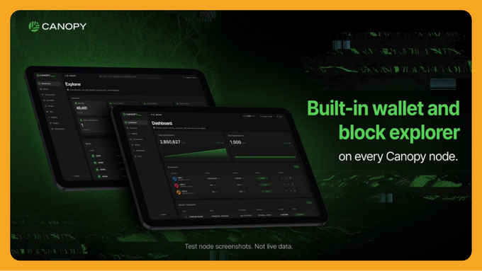 The same Canopy promotional graphic as the first image, featuring tablets displaying wallet interfaces and the text 'Built-in wallet and block explorer on every Canopy node.' set against a dark green background.