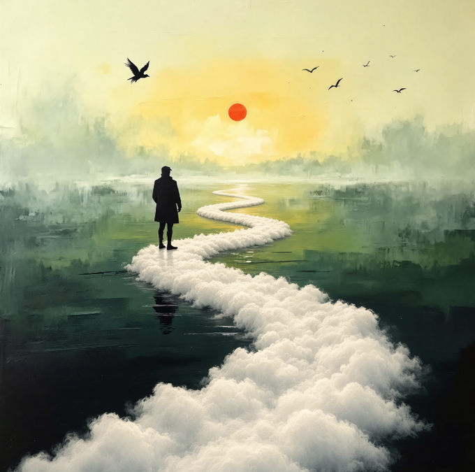 A silhouette of a man wearing a hat stands on a winding path of white clouds, gazing toward a red sun with birds flying in a painted, misty landscape.