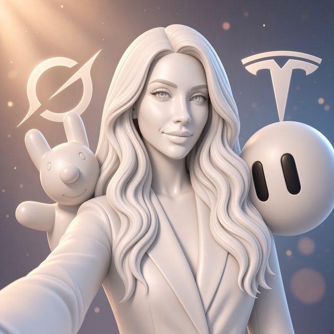 A monochromatic 3D-rendered woman with flowing hair takes a selfie between a small dog-like figure on her right shoulder and a smiling round robot head on her left, set against a cosmic backdrop featuring a stylized "S" logo and the Tesla "T" emblem. The image visually represents the $DOGGIE project's connection to tokenized $TSLA on Robinhood Chain, with the dog character symbolizing Tesla's Dog Mode and the robot reflecting its AI/Grok origins.